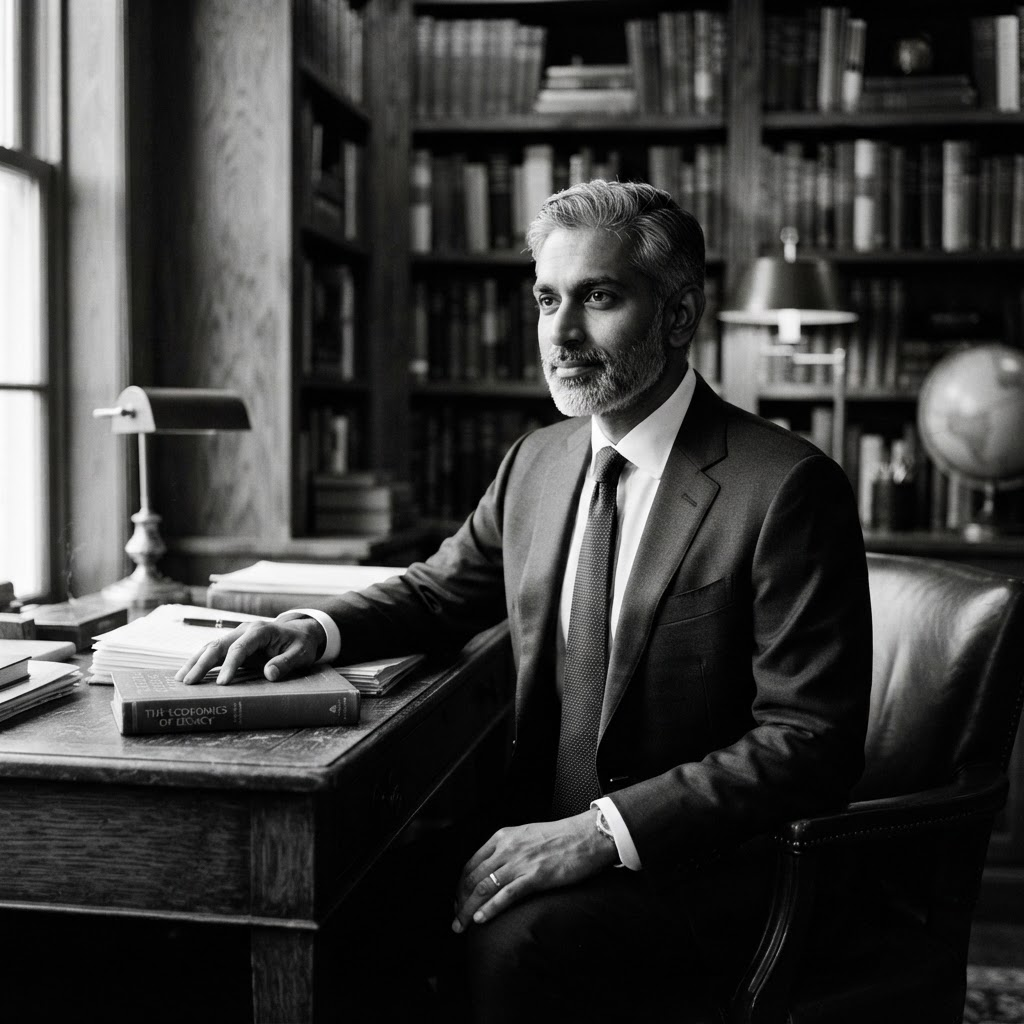Kenshi founder seated at a desk in a private library
